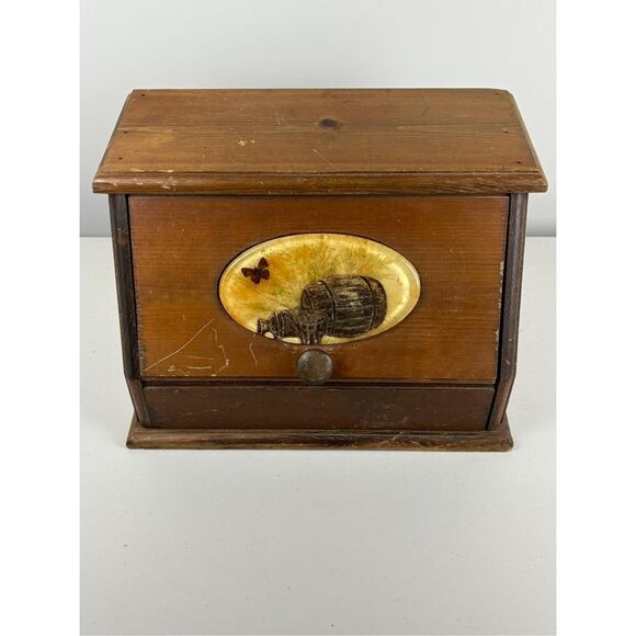 Vintage Wooden Bread Box w/ Lucite Inlay Tile Barrels and Butterfly - Picture 2 of 11